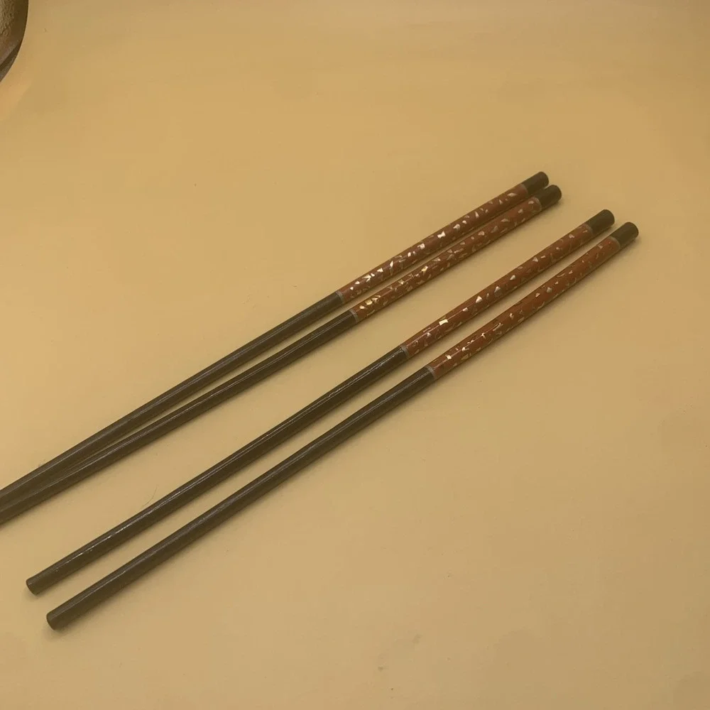 Vintage Black & Brown Lacquer Chopsticks with Speckle Gold Design  ~  2 Sets